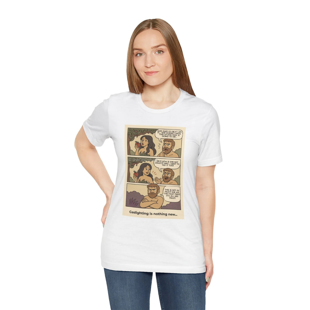 Unisex T-shirt - Comic-Inspired - Adam and Eve... Gaslighting is nothing new