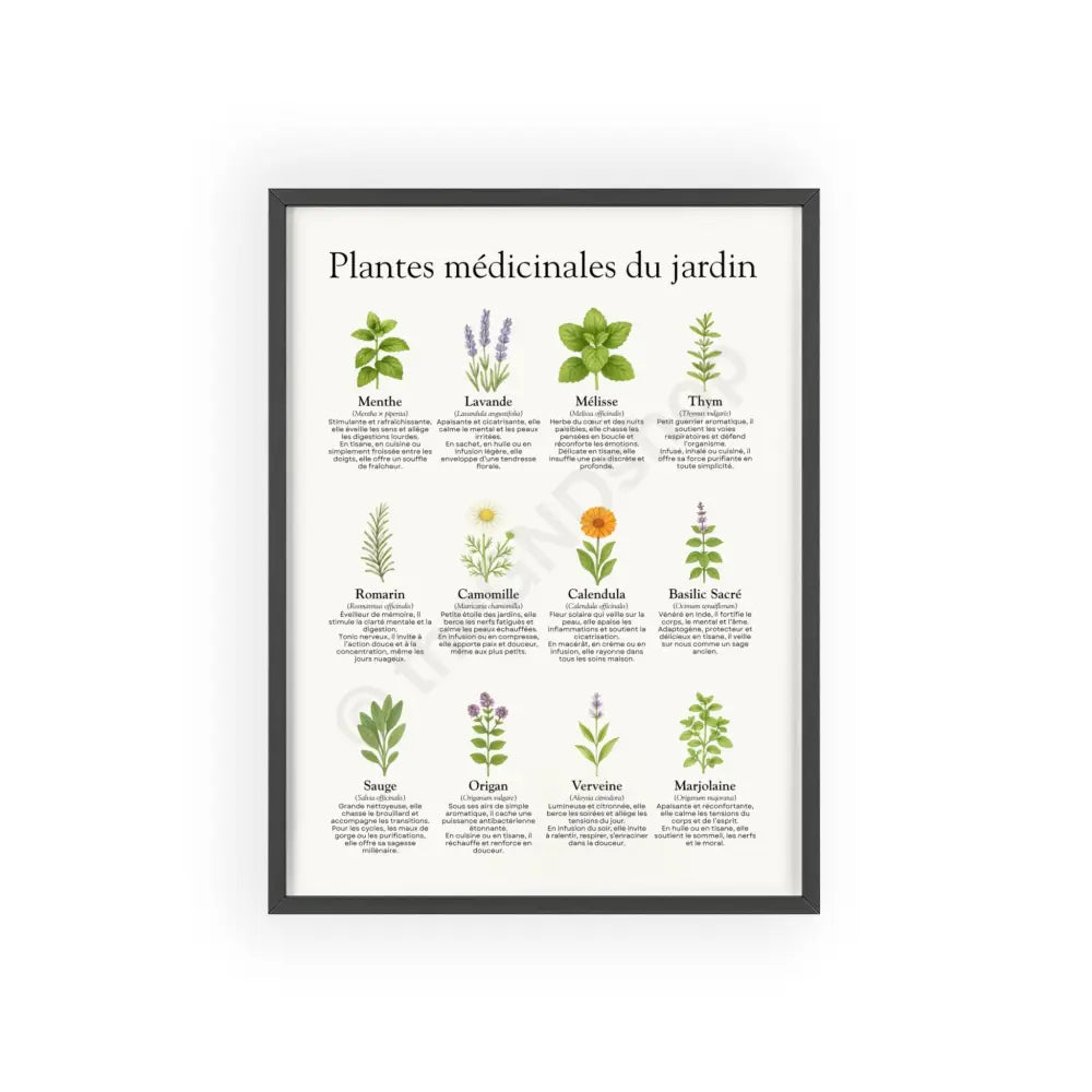 Poster encadré Plantes médicinales du jardin 12″ x 16″ (Vertical) / Black Frame / Satin Poster